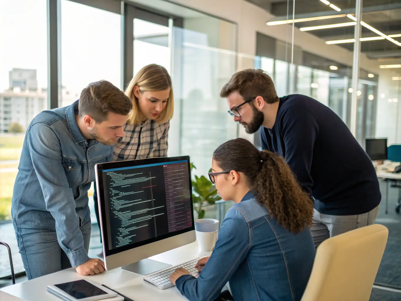 A diverse team of developers collaborating on a complex software project, showcasing the breadth of TMH Developers' capabilities.