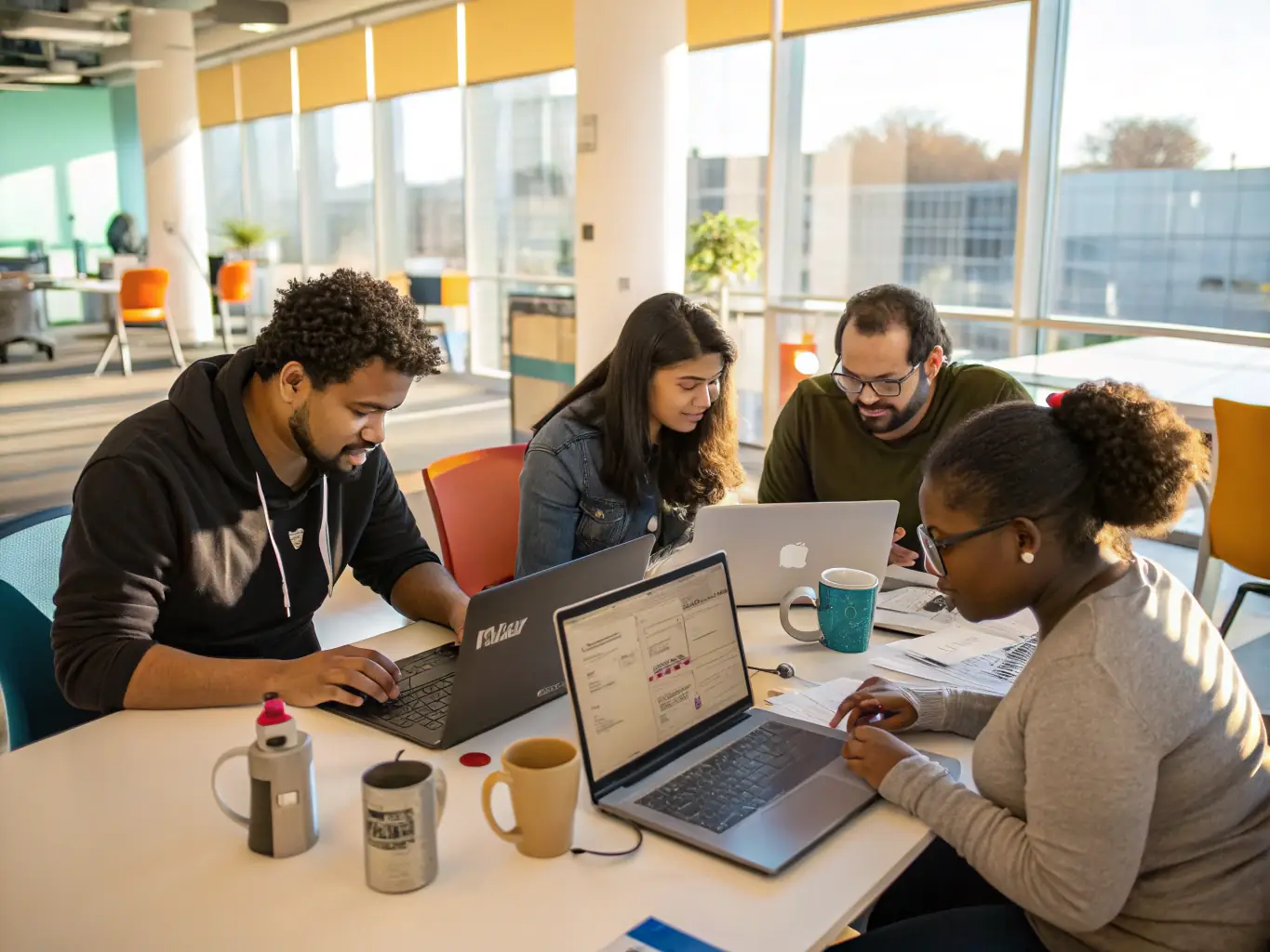 A team of full-stack developers collaborating on a complex coding project, showcasing their expertise and problem-solving skills in a modern office environment.