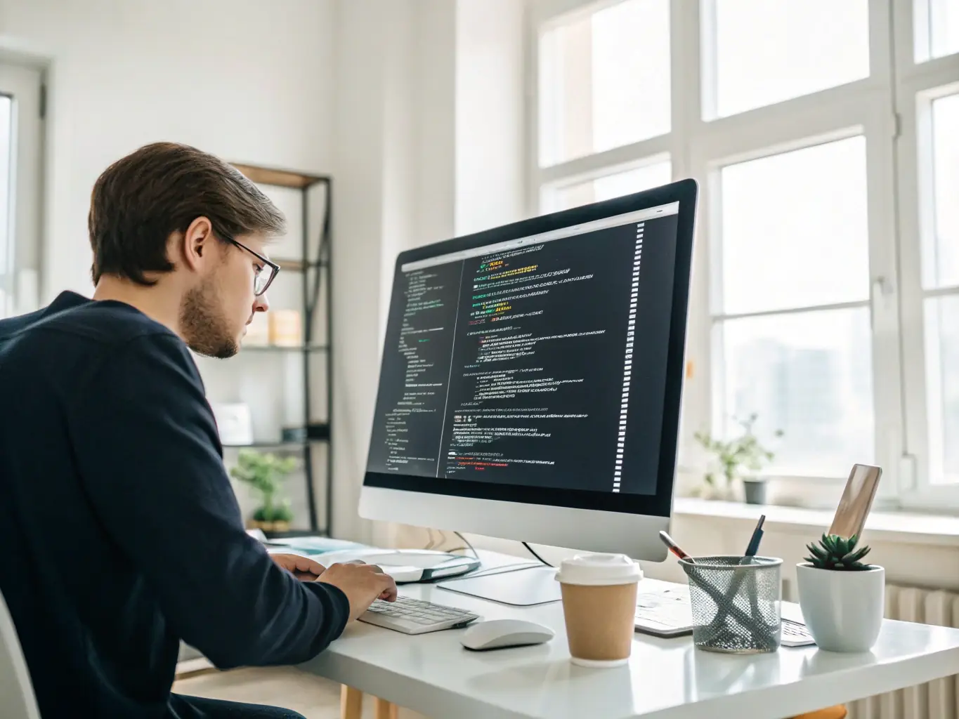 A mobile app interface being designed on a computer screen, highlighting TMH Developers' expertise in app development.