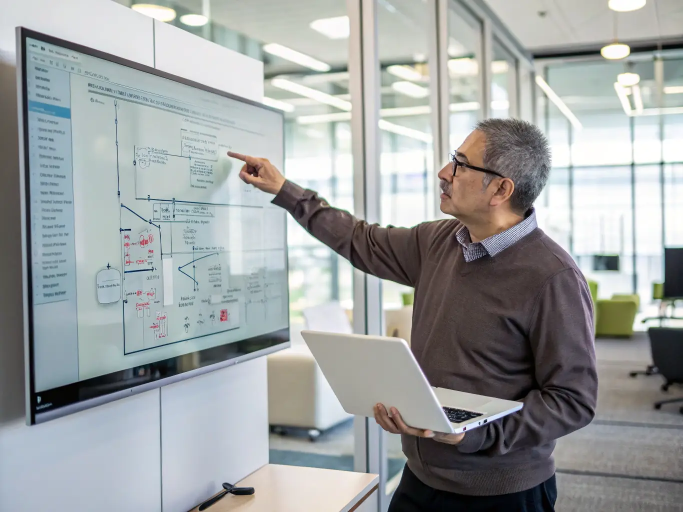 A software architect designing a complex system diagram on a large screen, illustrating the planning and structure of a software solution.