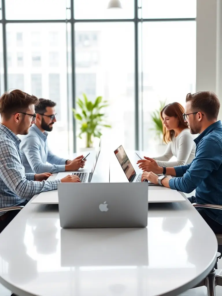 A diverse team of developers collaborating around a table, brainstorming ideas and reviewing code, symbolizing TMH Developers' collaborative approach.