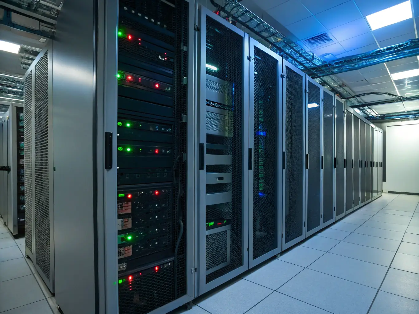 A secure server room with blinking lights, representing the robust backend infrastructure TMH Developers provides.